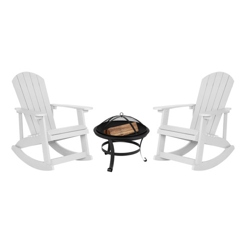 Flash Furniture Savannah Set of 2 White Commercial Grade All-Weather Poly Resin Wood Adirondack Rocking Chairs w/ 22" Round Wood Burning Fire Pit, Model# JJ-C147052-202-WH-GG