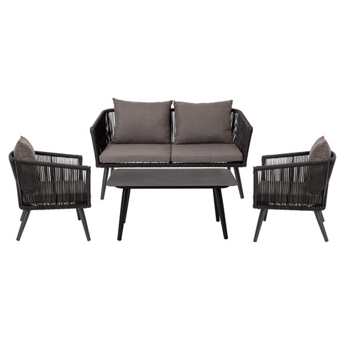 Flash Furniture Kierra Black All-Weather 4-Piece Woven Conversation Set w/ Gray Zippered Removable Cushions & Metal Coffee Table, Model# SDA-AD723002-4-BK-GG
