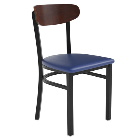 Flash Furniture Wright Commercial Dining Chair w/ 500 LB. Capacity Black Steel Frame, Walnut Finish Wooden Boomerang Back, & Blue Vinyl Seat, Model# XU-DG6V5BLV-WAL-GG