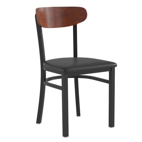 Flash Furniture Wright Commercial Dining Chair w/ 500 LB. Capacity Black Steel Frame, Walnut Finish Wooden Boomerang Back, & Black Vinyl Seat, Model# XU-DG6V5BV-WAL-GG