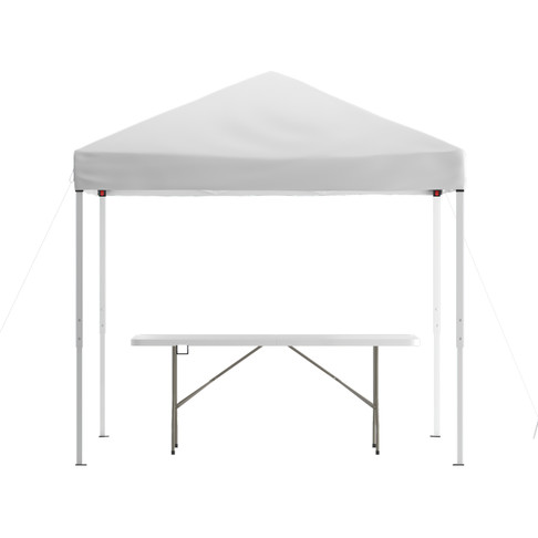 Flash Furniture Otis 8'x8' White Pop Up Event Canopy Tent w/ Carry Bag & 6-Foot Bi-Fold Folding Table w/ Carrying Handle Tailgate Tent Set, Model# JJ-GZ88183Z-WH-GG