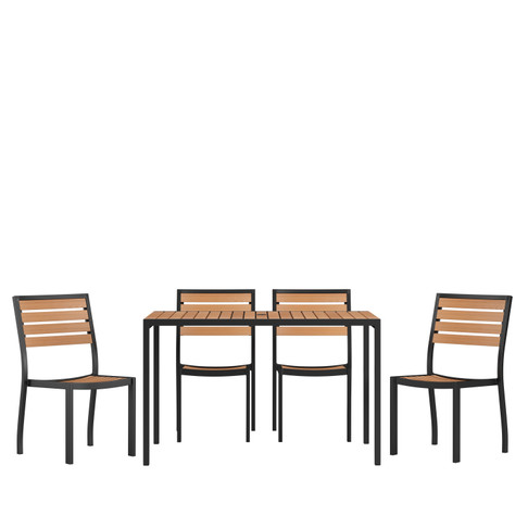 Flash Furniture Lark 5 Piece Patio Table Set Synthetic Teak Poly Slats 30" x 48" Steel Framed Table w/ 4 Stackable Faux Teak Chairs, Model# XU-DG-304860364-GG