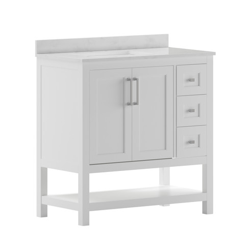 Flash Furniture Vega 36 Inch Bathroom Vanity w/ Sink, Storage Cabinet w/ Soft Close Doors, Open Shelf & 3 Drawers, Carrara Marble Finish Countertop, White/White, Model# FS-VEGA36-KD-WH-GG