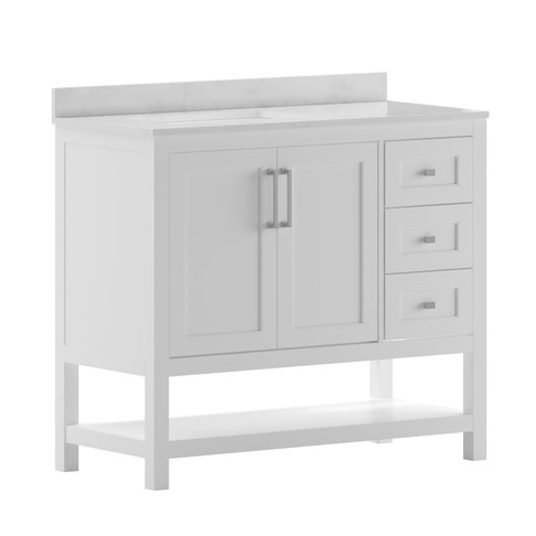 Flash Furniture Vega 42 Inch Bathroom Vanity w/ Sink, Storage Cabinet w/ Soft Close Doors, Open Shelf & 3 Drawers, Carrara Marble Finish Countertop, White/White, Model# FS-VEGA42-WH-GG
