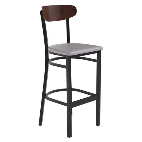 Flash Furniture Wright Commercial Barstool w/ 500 LB. Capacity Black Steel Frame, Walnut Finish Wooden Boomerang Back, & Gray Vinyl Seat, Model# XU-DG6V6GYV-WAL-GG