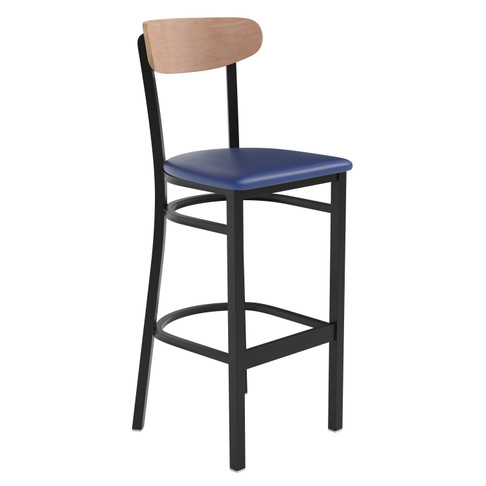 Flash Furniture Wright Commercial Barstool w/ 500 LB. Capacity Black Steel Frame, Natural Birch Finish Wooden Boomerang Back, & Blue Vinyl Seat, Model# XU-DG6V6BLV-NAT-GG