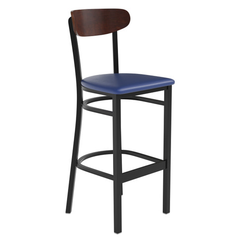 Flash Furniture Wright Commercial Barstool w/ 500 LB. Capacity Black Steel Frame, Walnut Finish Wooden Boomerang Back, & Blue Vinyl Seat, Model# XU-DG6V6BLV-WAL-GG