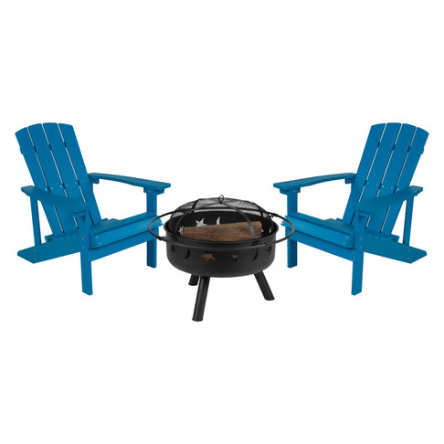 Flash Furniture 3 Piece Charlestown Commercial Blue Commercial Poly Resin Wood Adirondack Chair Set w/ Fire Pit Star & Moon Fire Pit w/ Mesh Cover, Model# JJ-C145012-32D-BLU-GG