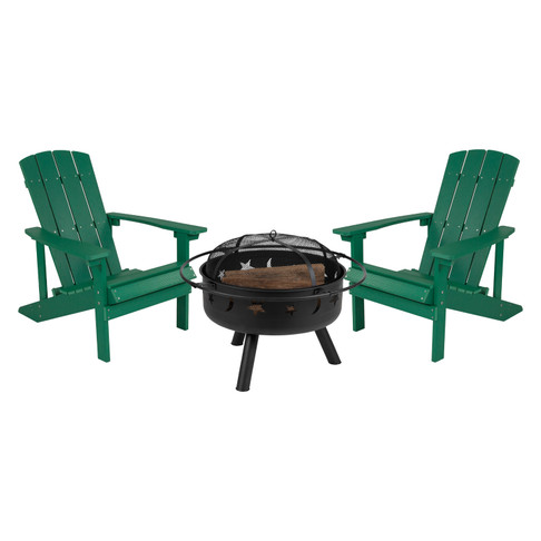 Flash Furniture 3 Piece Charlestown Commercial Green Poly Resin Wood Adirondack Chair Set w/ Fire Pit Star & Moon Fire Pit w/ Mesh Cover, Model# JJ-C145012-32D-GRN-GG