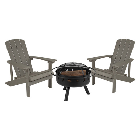 Flash Furniture 3 Piece Charlestown Commercial Gray Poly Resin Wood Adirondack Chair Set w/ Fire Pit Star & Moon Fire Pit w/ Mesh Cover, Model# JJ-C145012-32D-LTG-GG