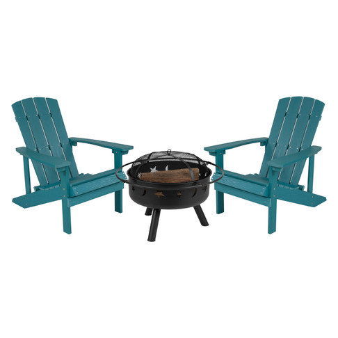 Flash Furniture 3 Piece Charlestown Commercial Sea Foam Commercial Poly Resin Wood Adirondack Chair Set w/ Fire Pit Star & Moon Fire Pit w/ Mesh Cover, Model# JJ-C145012-32D-SFM-GG