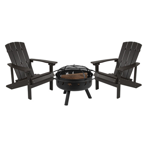 Flash Furniture 3 Piece Charlestown Commercial Slate Gray Commercial Poly Resin Wood Adirondack Chair Set w/ Fire Pit Star & Moon Fire Pit w/ Mesh Cover, Model# JJ-C145012-32D-SLT-GG