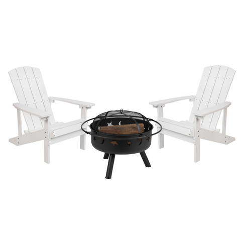 Flash Furniture 3 Piece Charlestown Commercial White Poly Resin Wood Adirondack Chair Set w/ Fire Pit Star & Moon Fire Pit w/ Mesh Cover, Model# JJ-C145012-32D-WH-GG