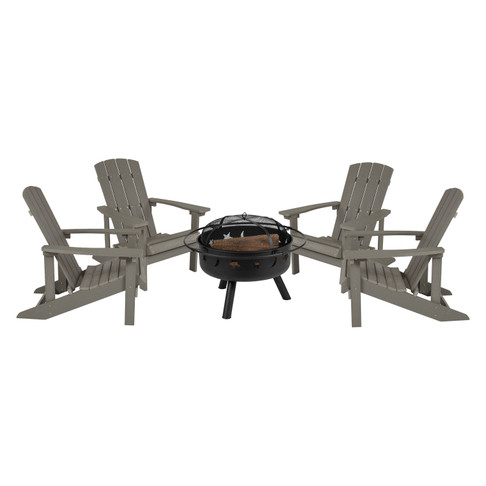 Flash Furniture 5 Piece Charlestown Commercial Gray Poly Resin Wood Adirondack Chair Set w/ Fire Pit Star & Moon Fire Pit w/ Mesh Cover, Model# JJ-C145014-32D-LTG-GG