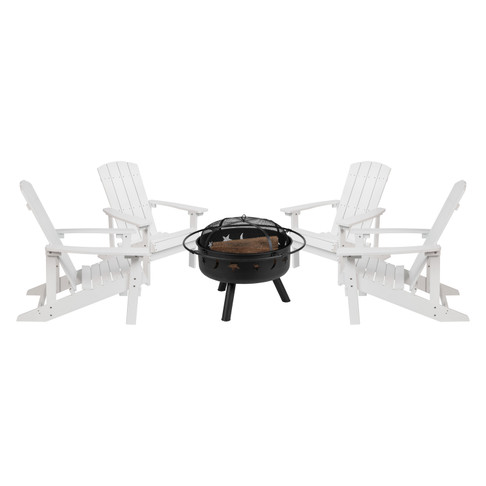 Flash Furniture 5 Piece Charlestown Commercial White Poly Resin Wood Adirondack Chair Set w/ Fire Pit Star & Moon Fire Pit w/ Mesh Cover, Model# JJ-C145014-32D-WH-GG