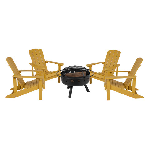 Flash Furniture 5 Piece Charlestown Yellow Commercial Poly Resin Wood Adirondack Chair Set w/ Fire Pit Star & Moon Fire Pit w/ Mesh Cover, Model# JJ-C145014-32D-YLW-GG