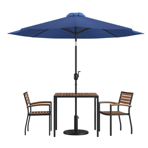 Flash Furniture Lark 5 Piece Outdoor Patio Table Set w/ 2 Synthetic Teak Stackable Chairs, 35" Square Table, Navy Umbrella & Base, Model# XU-DG-810060062-UB19BNV-GG