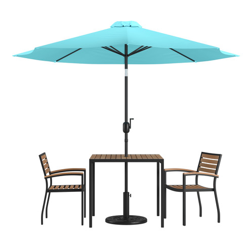 Flash Furniture Lark 5 Piece Outdoor Patio Dining Table Set 2 Synthetic Teak Stackable Chairs, 36" Square Table, Teal Umbrella & Base, Model# XU-DG-810060062-UB19BTL-GG