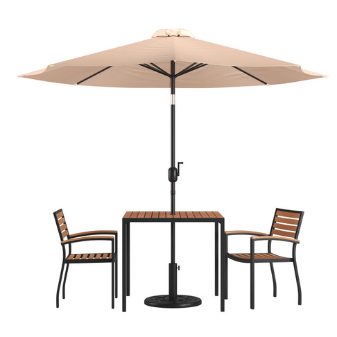 Flash Furniture Lark 5 Piece Outdoor Patio Table Set w/ 2 Synthetic Teak Stackable Chairs, 35" Square Table, Tan Umbrella & Base, Model# XU-DG-810060062-UB19BTN-GG