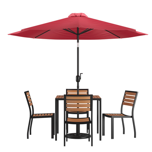 Flash Furniture Lark 7 Piece All-Weather Deck or Patio Set 4 Stacking Faux Teak Chairs, 35" Square Faux Teak Table, Red Umbrella & Base, Model# XU-DG-810060364-UB19BRD-GG