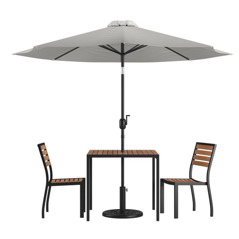 Flash Furniture Lark 5 Piece All-Weather Deck or Patio Set-2 Stacking Faux Teak Chairs, 35" Square Faux Teak Table, Gray Umbrella & Base, Model# XU-DG-810060362-UB19BGY-GG