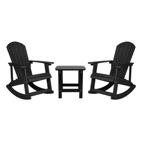 Flash Furniture Set of 2 Savannah Commercial Grade All-Weather Poly Resin Wood Adirondack Rocking Chairs w/ Side Table in Black, Model# JJ-C14705-2-T14001-BK-GG