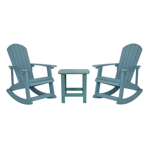 Flash Furniture Set of 2 Savannah Commercial Grade All-Weather Poly Resin Wood Adirondack Rocking Chairs w/ Side Table in Sea Foam, Model# JJ-C14705-2-T14001-SFM-GG