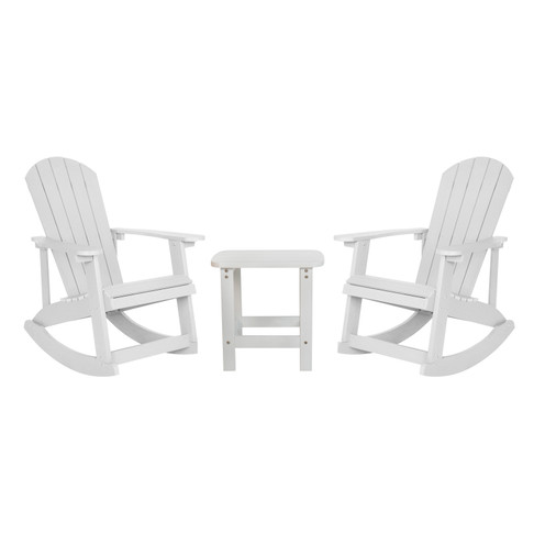 Flash Furniture Set of 2 Savannah Commercial Grade All-Weather Poly Resin Wood Adirondack Rocking Chairs w/ Side Table in White, Model# JJ-C14705-2-T14001-WH-GG