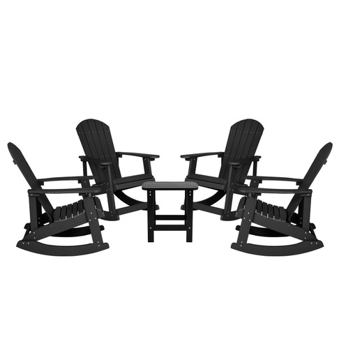 Flash Furniture Set of 4 Savannah Commercial Grade All-Weather Poly Resin Wood Adirondack Rocking Chairs w/ Side Table in Black, Model# JJ-C14705-4-T14001-BK-GG