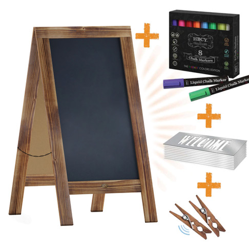 Flash Furniture Canterbury 40" x 20" Rustic Brown Wooden Indoor/Outdoor A-Frame Magnetic Chalkboard Sign Set w/ 8 Chalk Markers, 10 Stencils, 2 Magnets, & Eraser, Model# HGWA-GD1I-CRE8-942315-GG