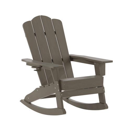 Flash Furniture Newport Adirondack Rocking Chair w/ Cup Holder, Weather Resistant HDPE Adirondack Rocking Chair in Brown, Model# LE-HMP-1044-31-BR-GG