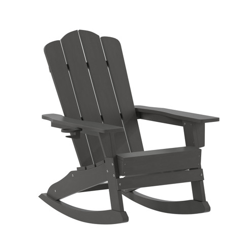 Flash Furniture Newport Adirondack Rocking Chair w/ Cup Holder, Weather Resistant HDPE Adirondack Rocking Chair in Gray, Model# LE-HMP-1044-31-GY-GG