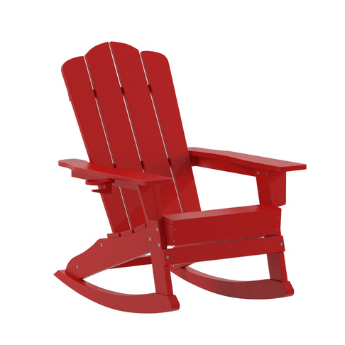 Flash Furniture Newport Adirondack Rocking Chair w/ Cup Holder, Weather Resistant HDPE Adirondack Rocking Chair in Red, Model# LE-HMP-1044-31-RD-GG