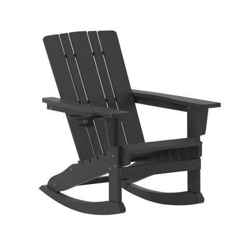 Flash Furniture Halifax Adirondack Rocking Chair w/ Cup Holder, Weather Resistant HDPE Adirondack Rocking Chair in Black, Model# LE-HMP-1045-31-BK-GG