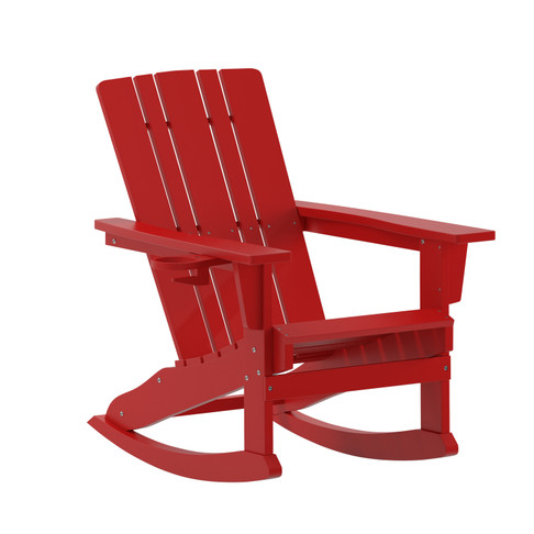 Flash Furniture Halifax Adirondack Rocking Chair w/ Cup Holder, Weather Resistant HDPE Adirondack Rocking Chair in Red, Model# LE-HMP-1045-31-RD-GG