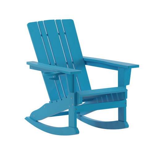 Flash Furniture Halifax Adirondack Rocking Chair w/ Cup Holder, Weather Resistant HDPE Adirondack Rocking Chair in Blue, Model# LE-HMP-1045-31-BL-GG