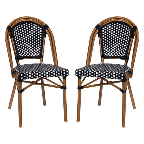 Flash Furniture Bordeaux 2 PK Bistro Stacking Chairs Black/White PE Rattan Back & Seat, Model# 2-SDA-AD642001-BKWH-NAT-GG