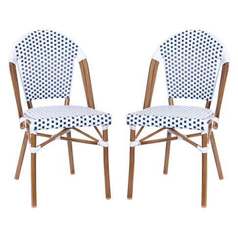 Flash Furniture Lourdes Set of 2 Indoor/Outdoor Commercial French Bistro Stacking Chair, White/Gray PE Rattan Back & Seat, Bamboo Print Aluminum Frame in Natural, Model# 2-SDA-AD642001-F-WHGY-NAT-GG