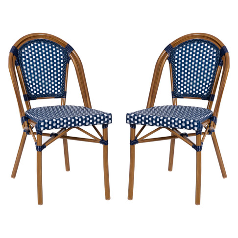 Flash Furniture Bordeaux 2 PK French Bistro Stacking Chairs Navy/White PE Rattan Back & Seat, Model# 2-SDA-AD642001-NVYWH-NAT-GG