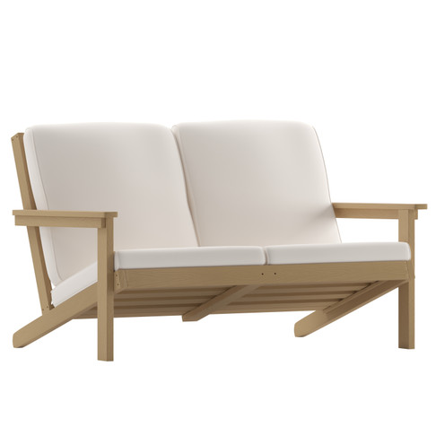 Flash Furniture Charlestown All-Weather Poly Resin Wood Adirondack Style Deep Seat Patio Loveseat w/ Cushions, Natural Cedar/Cream, Model# JJ-C14022-BR-GG