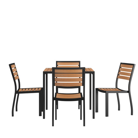 Flash Furniture Lark 5 Piece Patio Table Set Synthetic Teak Poly Slats 35" Square Steel Framed Table w/ 4 Stackable Faux Teak Chairs, Model# XU-DG-810060364-GG