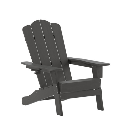 Flash Furniture Newport Adirondack Chair w/ Cup Holder, Weather Resistant HDPE Adirondack Chair in Gray, Model# LE-HMP-1044-10-GY-GG