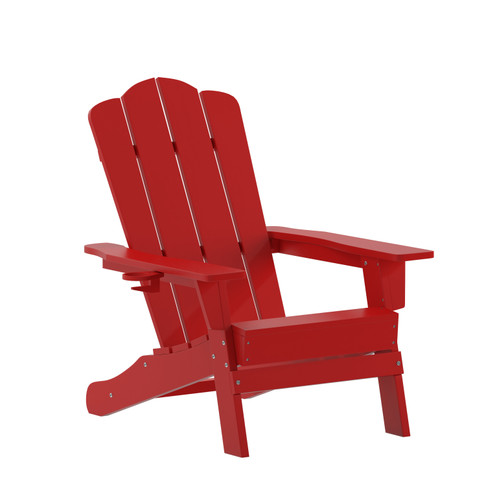 Flash Furniture Newport Adirondack Chair w/ Cup Holder, Weather Resistant HDPE Adirondack Chair in Red, Model# LE-HMP-1044-10-RD-GG