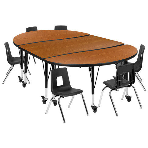 Flash Furniture Emmy Mobile 76" Oval Wave Flexible Laminate Activity Table Set w/ 12" Student Stack Chairs, Oak/Black, Model# XU-GRP-12CH-A3048CON-48-OAK-T-P-CAS-GG