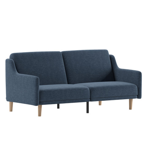 Flash Furniture Delphine Premium Convertible Split Back Sofa Futon w/ Curved Armrests & Solid Wood Legs Navy Faux Linen Upholstery, Model# HC-1035-NV-GG