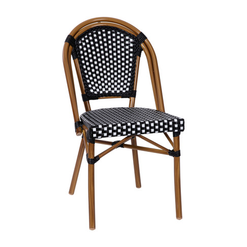 Flash Furniture Bordeaux Indoor/Outdoor Commercial French Bistro Stacking Chair, Black & White PE Rattan Back & Seat, Bamboo Print Aluminum Frame in Natural, Model# SDA-AD642001-BKWH-NAT-GG