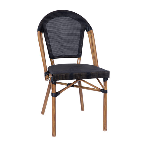 Flash Furniture Marseille Indoor/Outdoor Commercial French Bistro Stacking Chair, Black Textilene Back & Seat, Bamboo Print Aluminum Frame in Natural, Model# SDA-AD642107-BK-NAT-GG