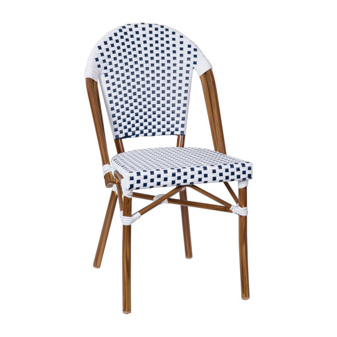 Flash Furniture Lourdes Indoor/Outdoor Commercial French Bistro Stacking Chair, White & Navy PE Rattan Back & Seat, Bamboo Print Aluminum Frame in Natural, Model# SDA-AD642001-F-WHNVY-NAT-GG