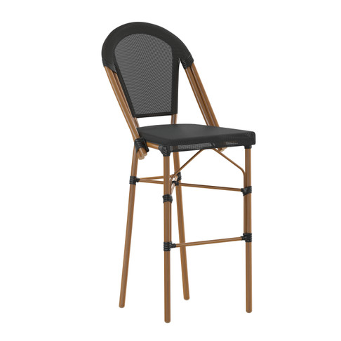 Flash Furniture Marseille Stackable Indoor/Outdoor French Bistro 30" High Barstool, Commercial Grade, Black & Bamboo Finish, Model# SDA-AD642107-BS-BK-NAT-GG