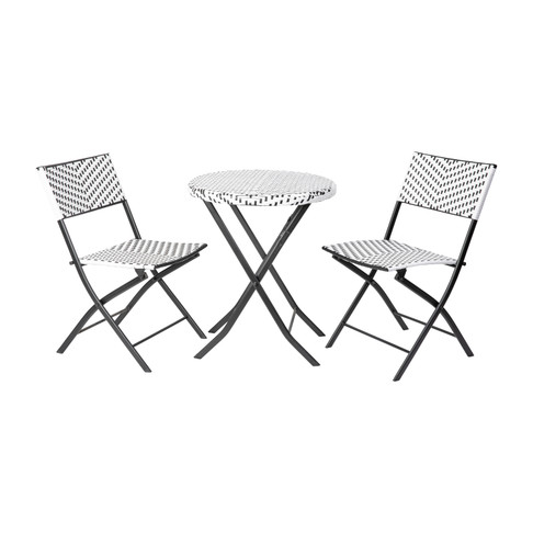 Flash Furniture Rouen Three Piece Commercial Grade Foldable French Bistro Set, Indoor/Outdoor PE Rattan Back, Seat & Table Top, Black/White w/ Black Steel Frames, Model# FV-FWA085-BLK-WHT-GG
